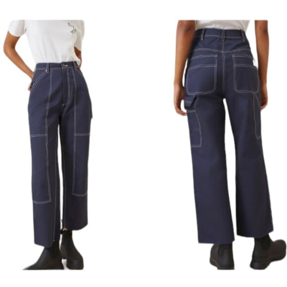 Loeffler Randall Roy Carpenter Pants Navy Blue size 12 Raw hem jean - Picture 1 of 14